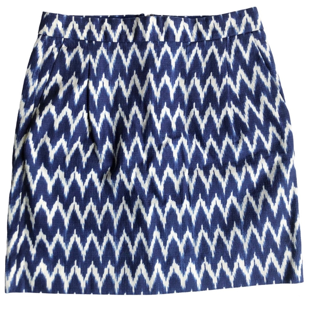 J.Crew Ikat Mini Skirt Blue Ivory Chevron Cotton Sz 0 Preppy Summer Coastal